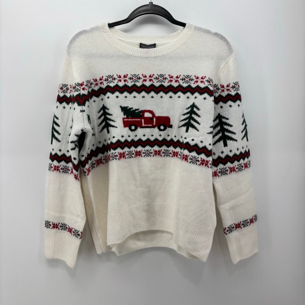 Vince Camuto Womens Medium Christmas Sweater Cream Farm Truck Red